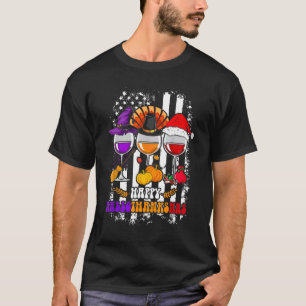Camiseta Feliz Hallothanksmas Vinho Vidro Bruxa Noel Hat