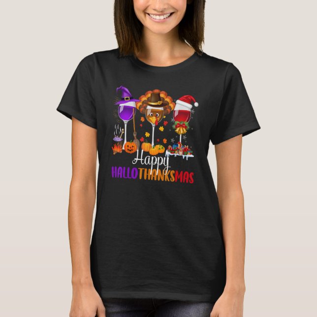 Camiseta Feliz Hallothanksmas Vinhos Óculos Bebendo Hallowe (Frente)