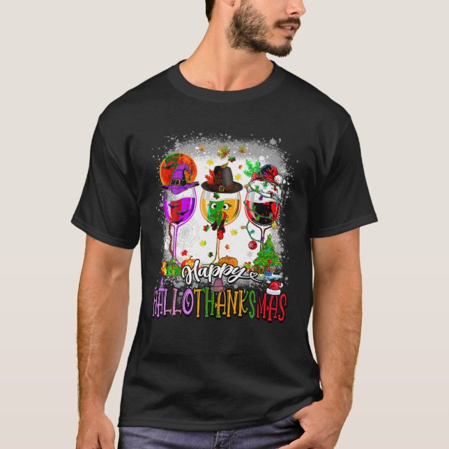 Camiseta Feliz Hallothanksmas Wine Glass Halloween Graças a (Frente)