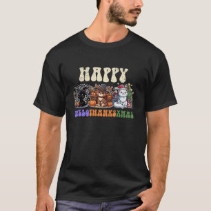 Camiseta Feliz Hallothanksxmas Cat Halloween Ação de Graças
