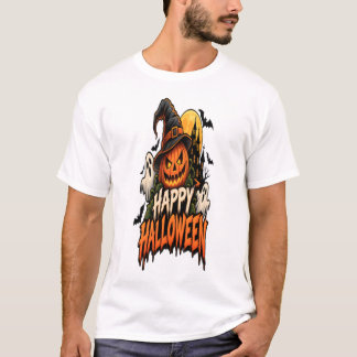 Camiseta Feliz Halloween Abóbora Assustadora Fantasmas e Ca