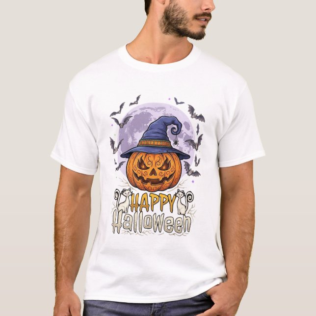 Camiseta Feliz Halloween Abóbora Bruxa Chapéu Morcegos Lua  (Frente)