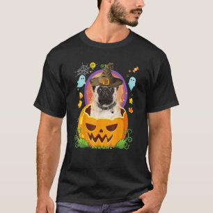 Camiseta Feliz Halloween Abóbora Pug Cão Bruxa Chapéu Fofo