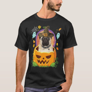 Camiseta Feliz Halloween Abóbora Pug Cão Bruxa Chapéu Fofo