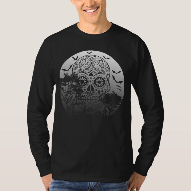 Camiseta Feliz Halloween Açúcar Crânio Cachorro Cheia Lua 1 (Frente)