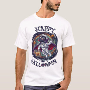 Camiseta Feliz Halloween Astronauta Vampiro Galáxia Abóbora