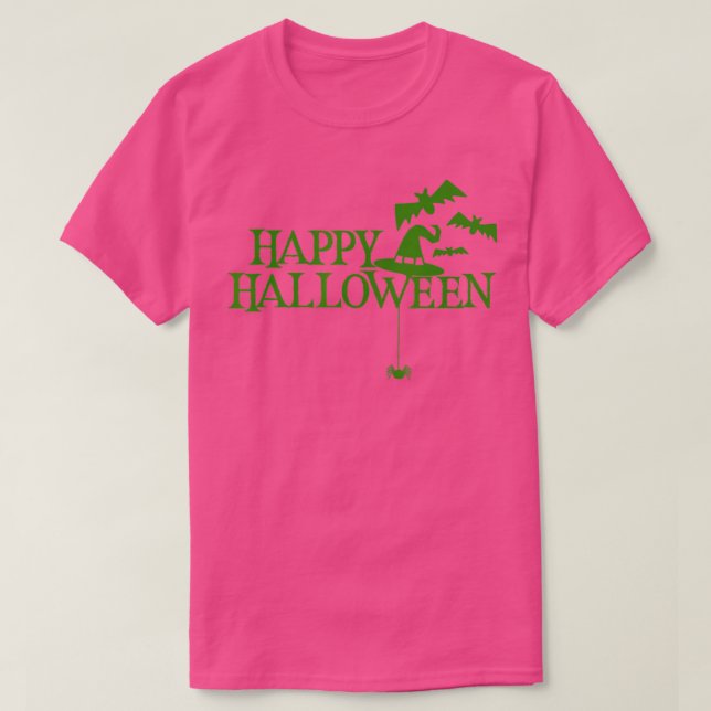 Camiseta Feliz Halloween Bats Spider Hat Green (Frente do Design)