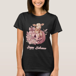 Camiseta Feliz Halloween Bezerro Fofo & Abóbora Rosa Pastel