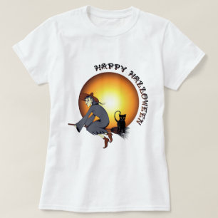 Camiseta Feliz Halloween Black Cat and Witch