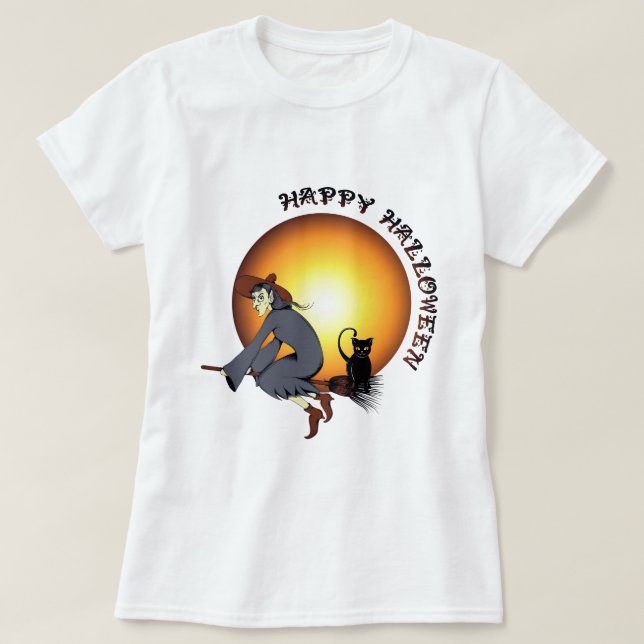 Camiseta Feliz Halloween Black Cat and Witch (Frente do Design)