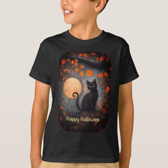 Camiseta Feliz Halloween Black Cat Full Moon Art (Frente)