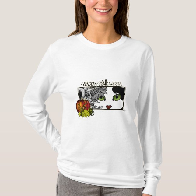 Camiseta Feliz Halloween Black 'n White Cat (Frente)
