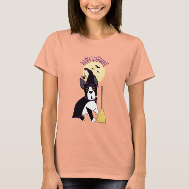 Camiseta Feliz Halloween Boston Terrier Witch (Frente)