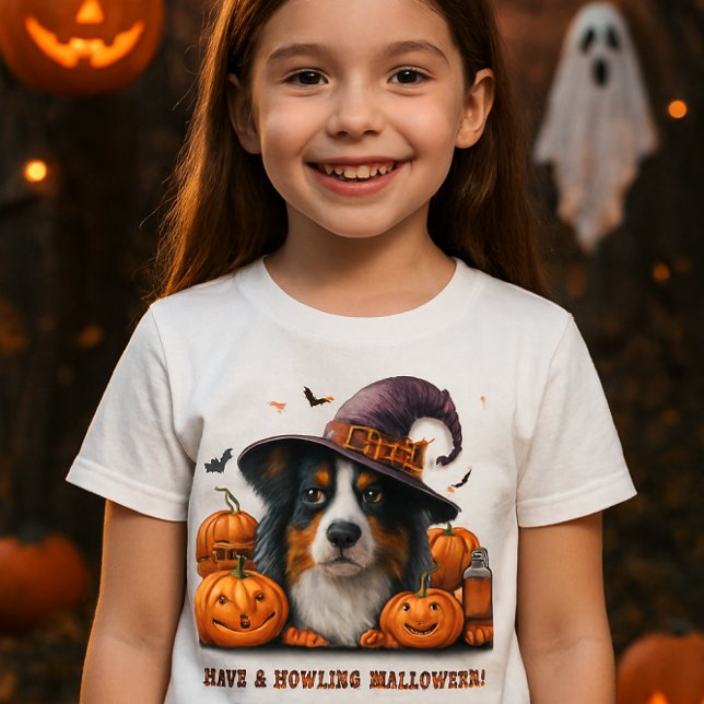 Camiseta Feliz Halloween Bruxa Cachorro e Abóboras (ai generated mockup prompts by Susang6)