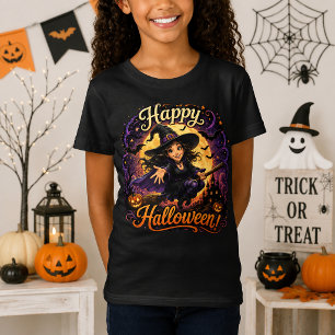 Camiseta Feliz Halloween Bruxa Fofa Voando em Vassoura