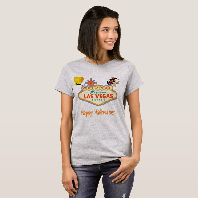 Camiseta Feliz Halloween, Bruxa Voadora de Las Vegas (Frente Completa)