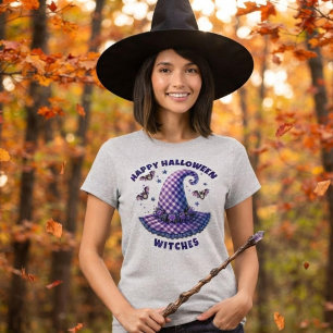Camiseta Feliz Halloween Bruxas Ropa de Xadrez Roxo Chapéu 