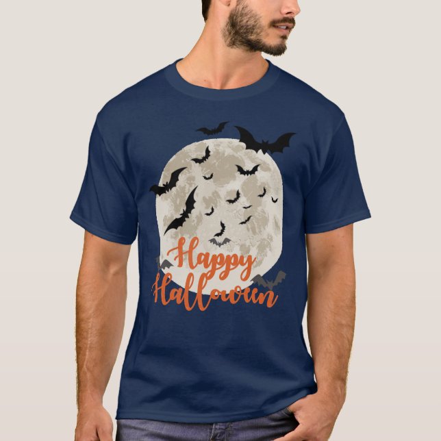 Camiseta Feliz Halloween Cheia Moon com Bats (Frente)