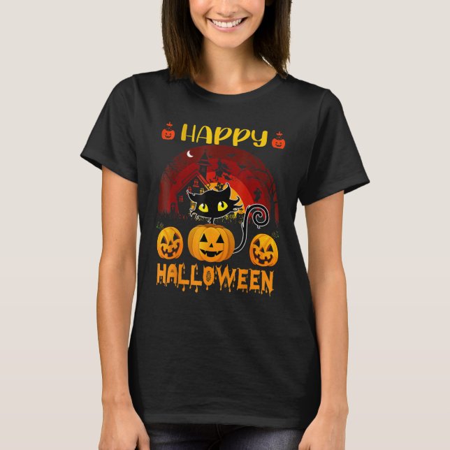 Camiseta Feliz halloween com abóboras e gatos pretos (Frente)