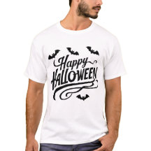 Camiseta "Feliz Halloween" com morcegos voadores