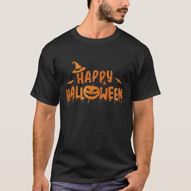 Camiseta Feliz halloween com rosto de abóbora assustadora e (Frente)