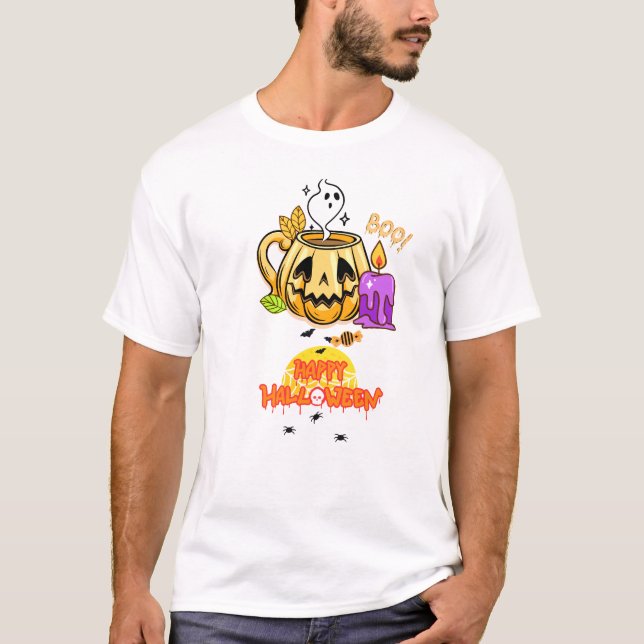 Camiseta Feliz Halloween com T-Shirt de Vela Queimada (Frente)
