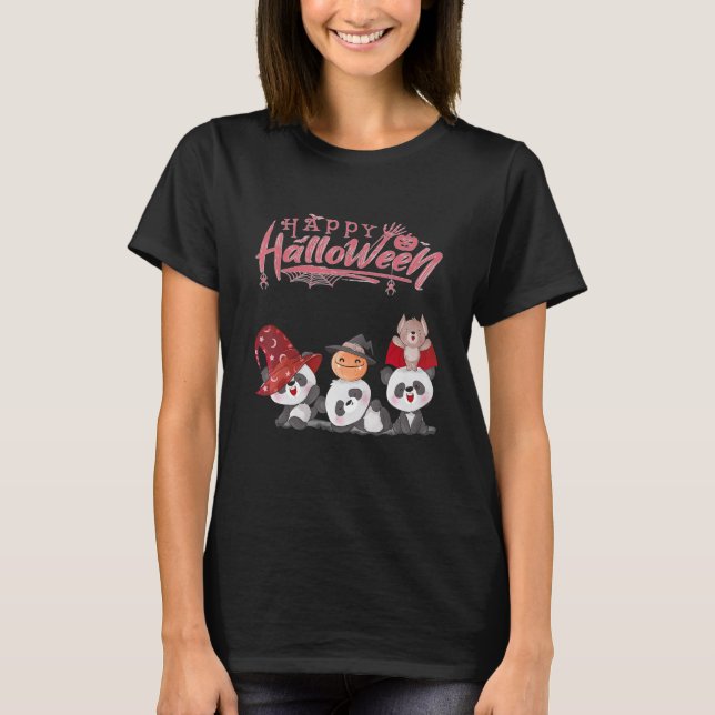 Camiseta Feliz Halloween Com Três Pequenos Ursos De Panda (Frente)