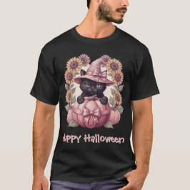 Camiseta Feliz Halloween Coquette Gato Preto & Abóbora Rosa