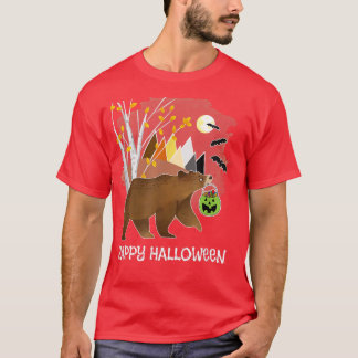 Camiseta Feliz Halloween Cute Bear Montanhas Birch Tres Fa