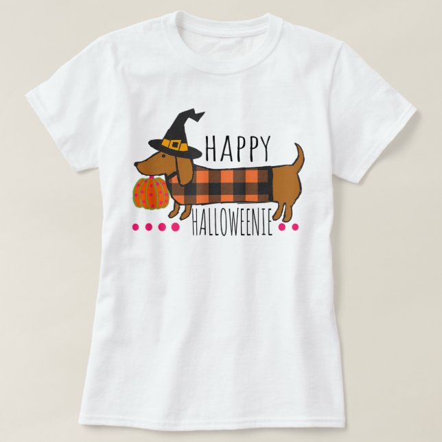 Camiseta Feliz Halloween Dachshund Buffalo Xadrez Spooky (Frente do Design)