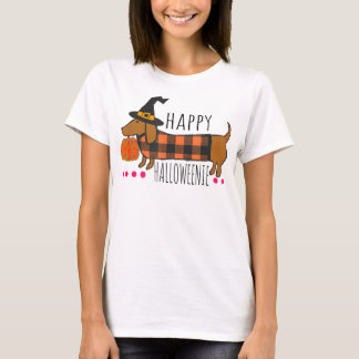 Camiseta Feliz Halloween Dachshund Buffalo Xadrez Spooky