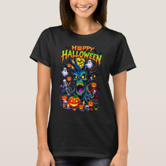 Camiseta Feliz Halloween Desenho de Árvore Assombrada Assus