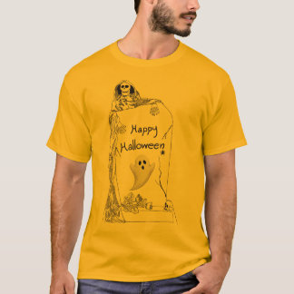 Camiseta Feliz Halloween – Design de Esqueleto e Fantasma A