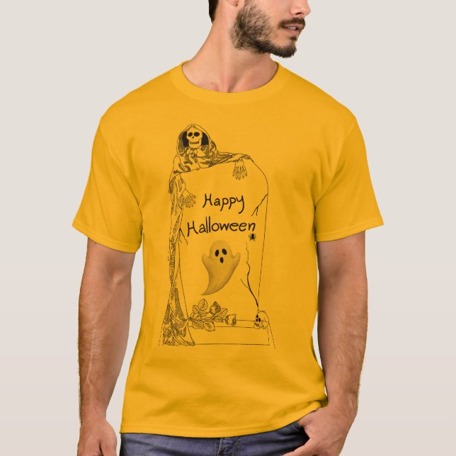 Camiseta Feliz Halloween – Design de Esqueleto e Fantasma A (Frente)