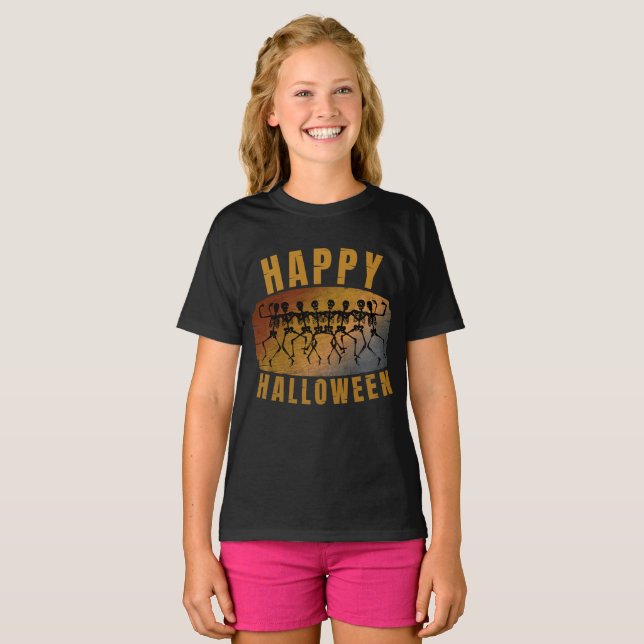 CAMISETA FELIZ HALLOWEEN ESQUELETO DANÇANTE (Frente Completa)