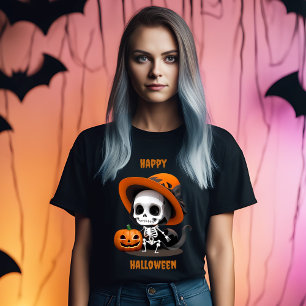 Camiseta Feliz Halloween Esqueleto Kawaii Fofo & Abóbora