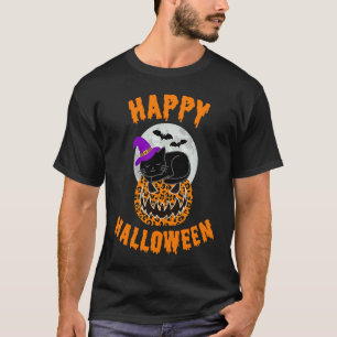 Camiseta Feliz Halloween Estampa de Leopardo Abóbora Gato P