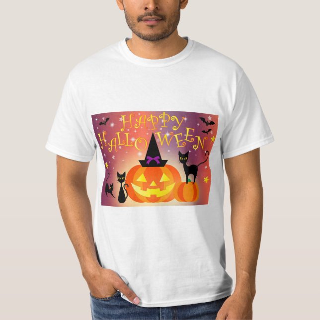 Camiseta Feliz Halloween Festa Engraçado de Bright Pumpkins (Frente)