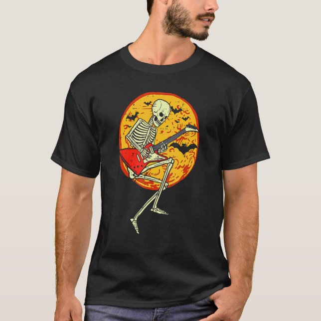 Camiseta Feliz Halloween Funny Skeleton Tocando Bomba De Vi (Frente)