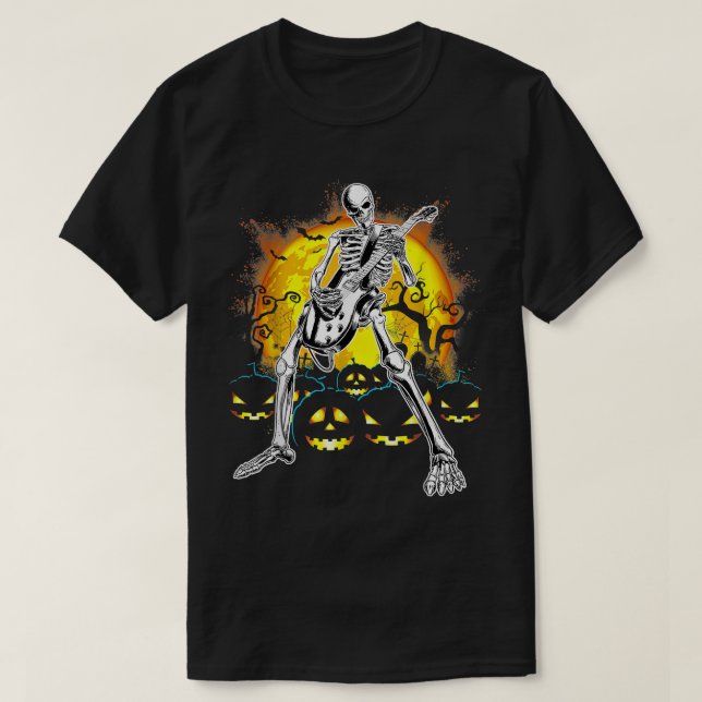 Camiseta Feliz Halloween Funny Skeleton Tocando Bomba De Vi (Frente do Design)