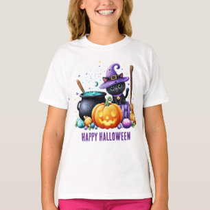 Camiseta Feliz Halloween Gata Bruxa Preta