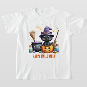 Camiseta Feliz Halloween Gata Bruxa Preta