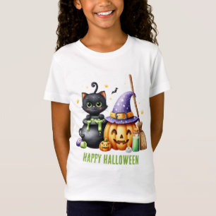 Camiseta Feliz Halloween Gata Bruxa Preta