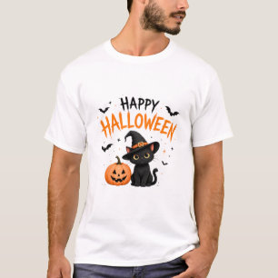 Camiseta Feliz Halloween Gato Preto Bruxa Fofo Halloween