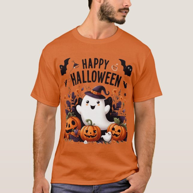 Camiseta Feliz Halloween Ghost e Pumpkins Divertidos Art Te (Frente)