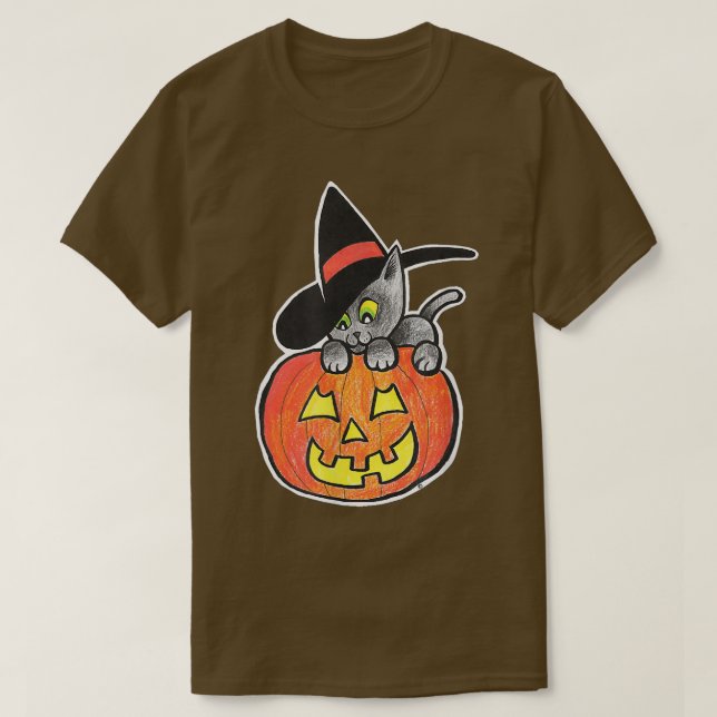 Camiseta Feliz Halloween Jack O'Lantern Black Kitty Witty (Frente do Design)