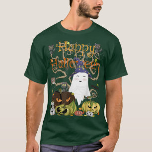 Camiseta Feliz Halloween Kawaii Bruxa Fantasma Negra Ghost