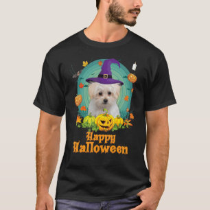 Camiseta Feliz Halloween Maltês Cachorro Pumpkin Bruxo Fant