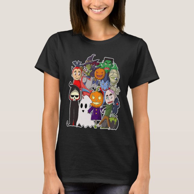 Camiseta Feliz Halloween Monstros Assustadores Saindo (Frente)