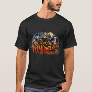 Camiseta Feliz Halloween Monstros Clássicos Horror Vintage